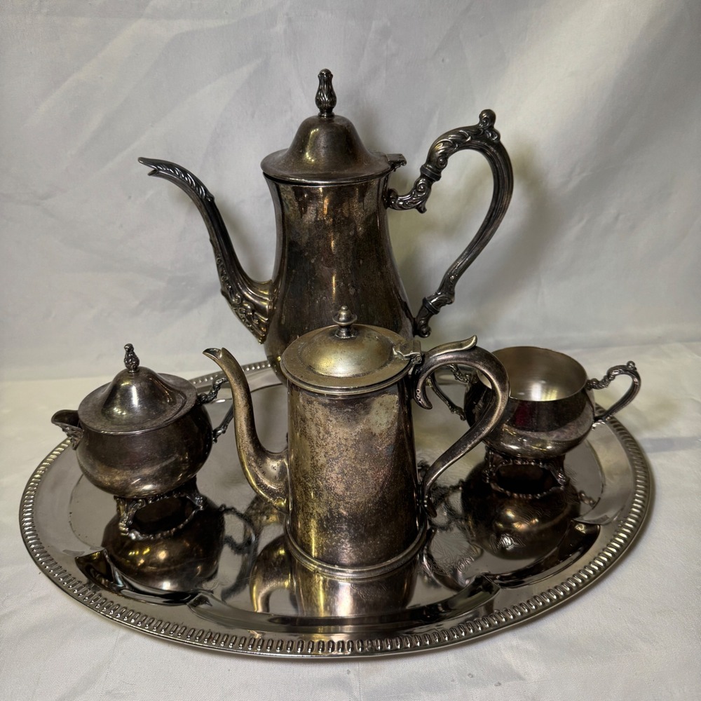 Vintage Oneida Silver Plate Tea Coffee Service Set with Etched Serving Tray 5pc